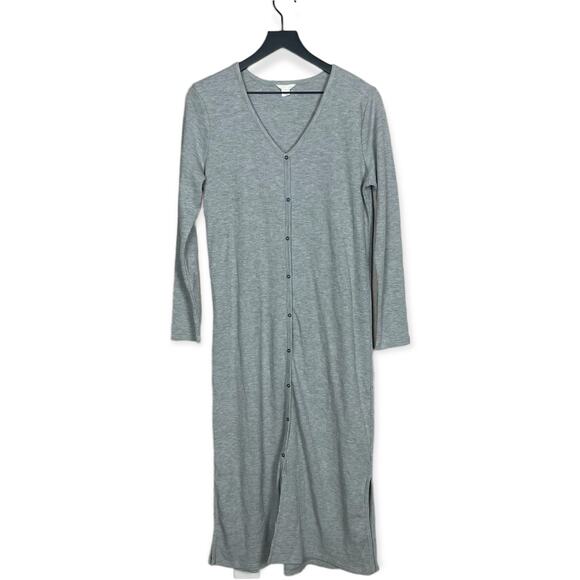 Caslon Ribbed Grey Front Button Knit Organic Cotton Blend Midi Dress Size Small - Picture 2 of 8
